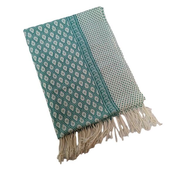 Blue Scarf Shawl Wrap Blue & White Batik Dot Print Fringe - Picture 2 of 4